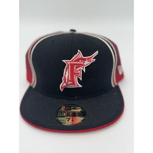 Florida Marlins Fitted Hat Size 7 1/2 New Era MLB Baseball Cap 59Fifty Black Red - Picture 1 of 9